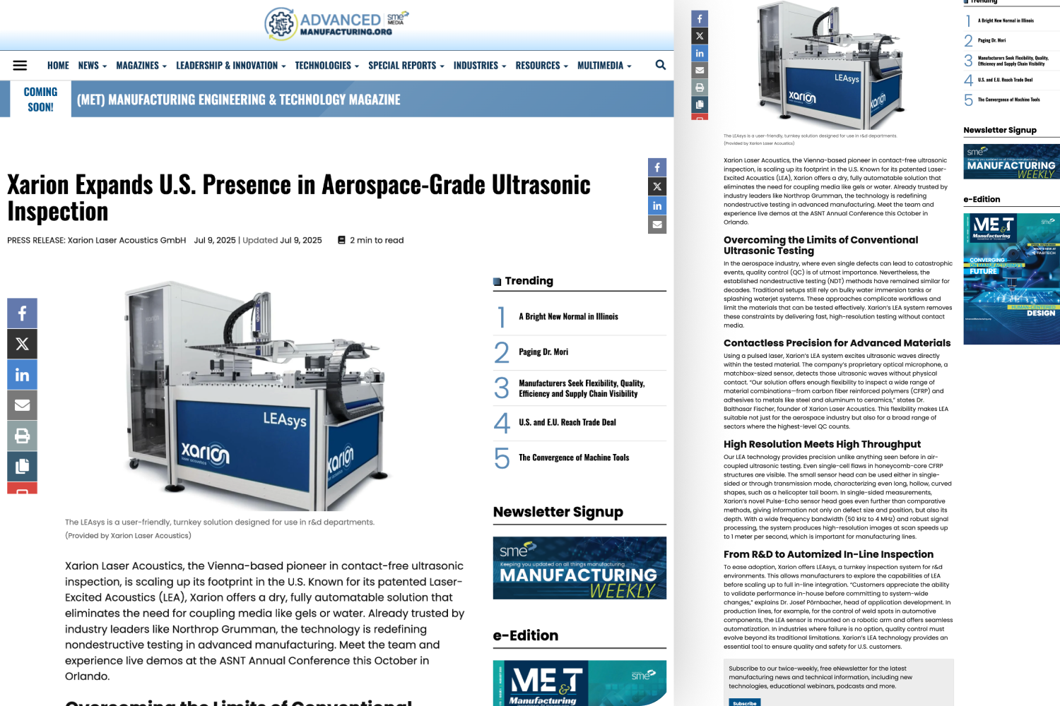 Xarion coverage on AdvancedManufacturing.org